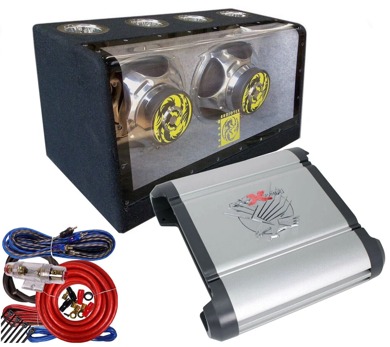 Audiotek 12" 2000W BANDPASS CUSTOM BASS Box + 2000W Car Audio AmplifierAmp + Kit Bundle