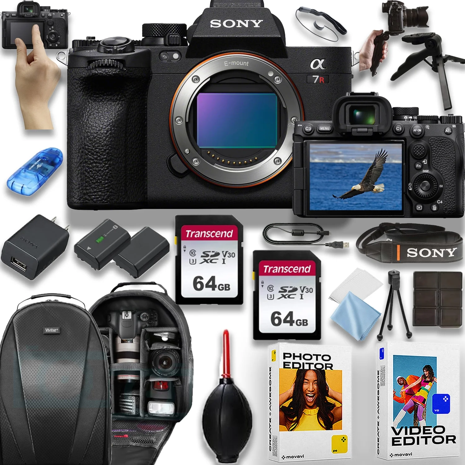 Sony a7R V Full Frame Mirrorless 61MP 8K video recording Camera Body Bundle with 2x64 Fast Memory Cards, Tripod+Extra Replacement Battery