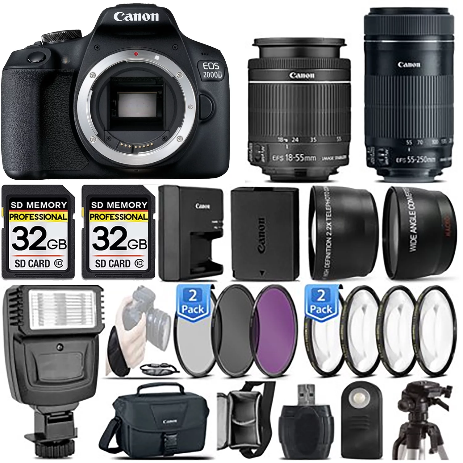 Canon EOS 2000D (Rebel T7) DSLR Camera + Canon 18-55mm IS STM Lens + Canon 55-250mm IS STM Lens + Flash + 0.43X Wide Angle Lens + 2.2x Telephoto Lens