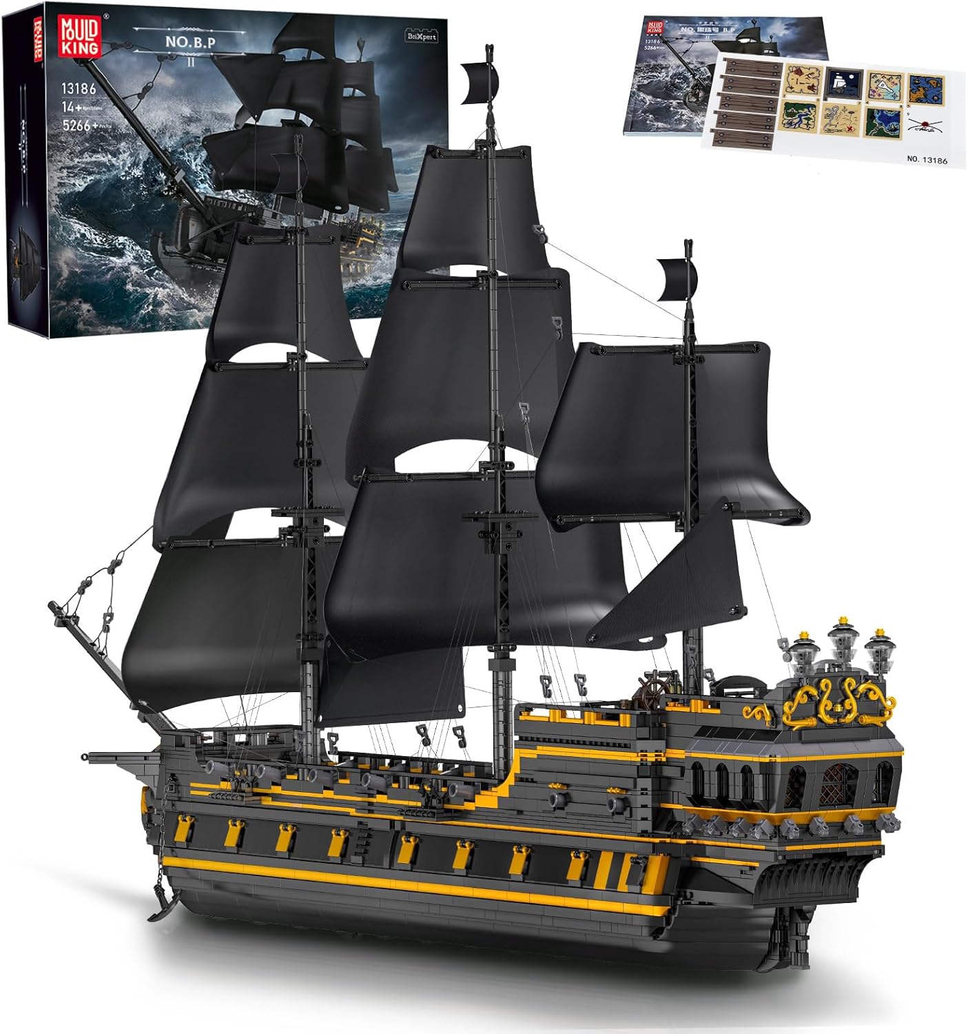 Mould King 13186 Pirates Ship Model Building Blocks, MOC Black Pearl Sailboat Model Construction Set to Build