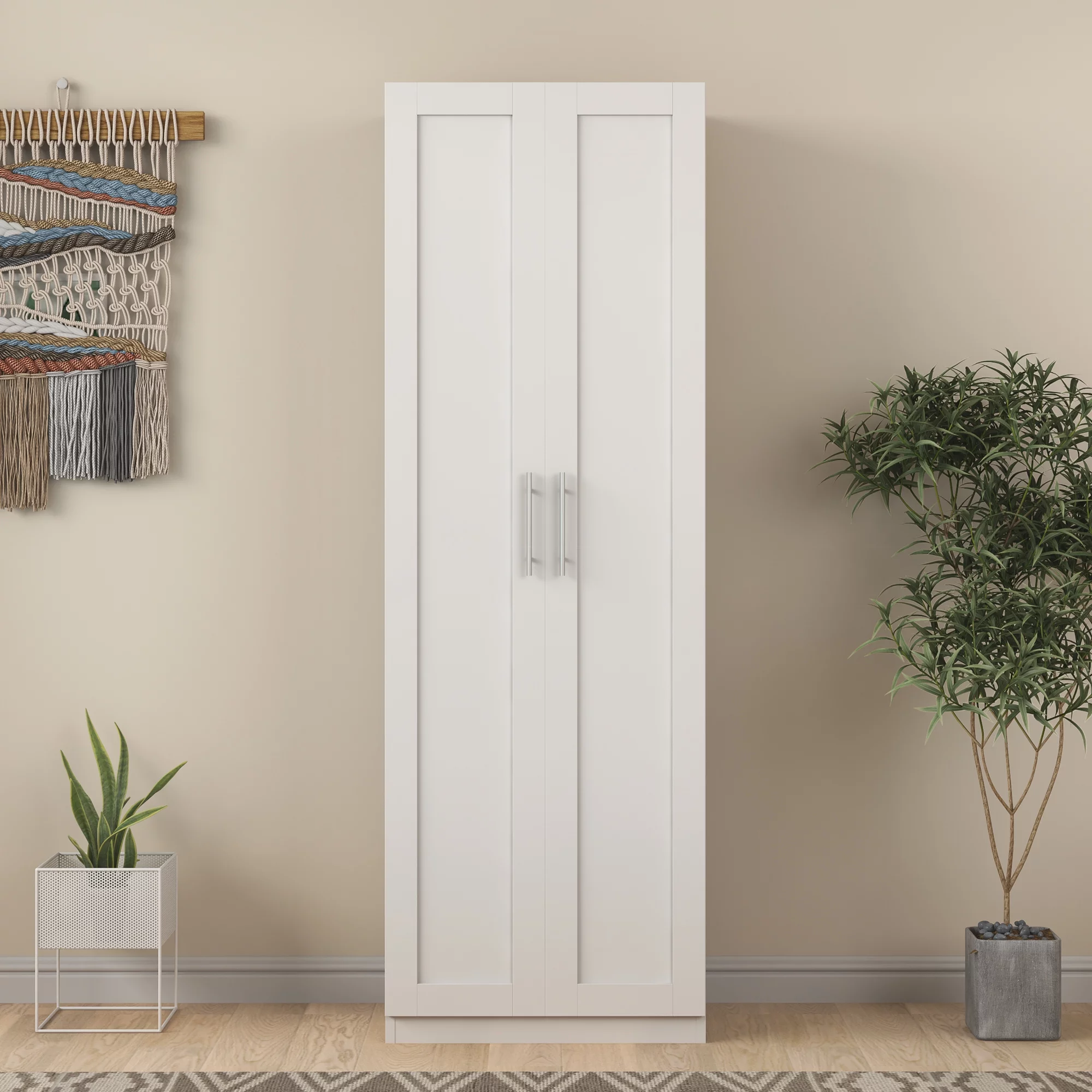 ikayaa High wardrobe and kitchen cabinet with 2 doors and 3 partitions to separate 4 storage spaces, White