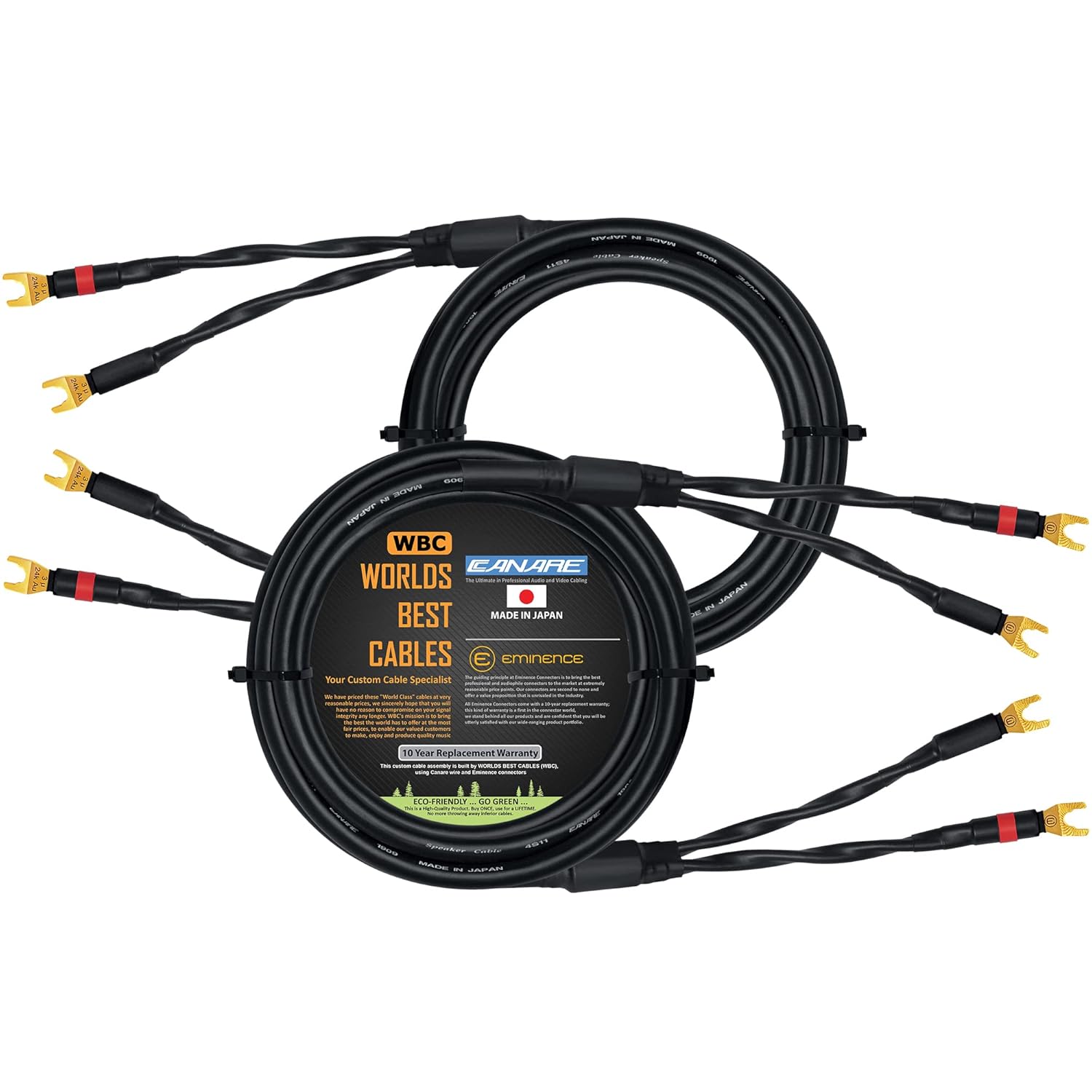 10 Foot - Canare 4S11 – Audiophile Grade - HiFi Star-Quad Speaker Cable Pair with Eminence Gold Spade Connectors