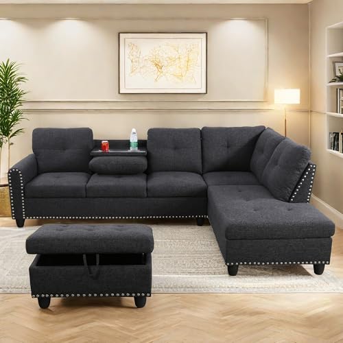 L Shaped Sectional Couches, Modular Sectional Sofa with Ottoman Storage, Nail-Head Design Lounge Sofa with Reversible Cup Holder for Living Room
