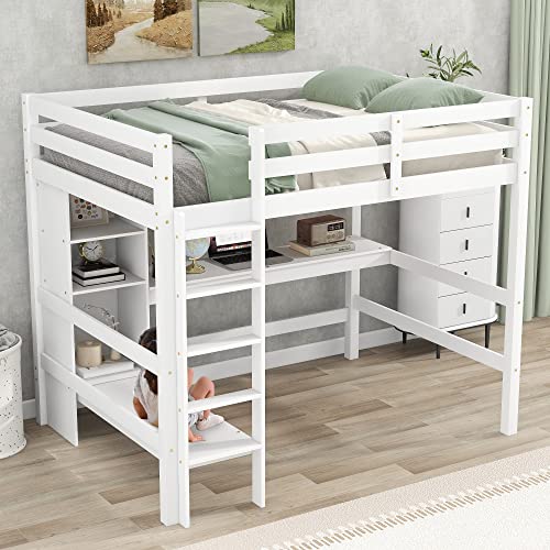 Full Size Loft Bed with Wardrobe and Desk,Wooden Loftbed with Storage Drawers, Shelves,Cabinet for Bedroom,White