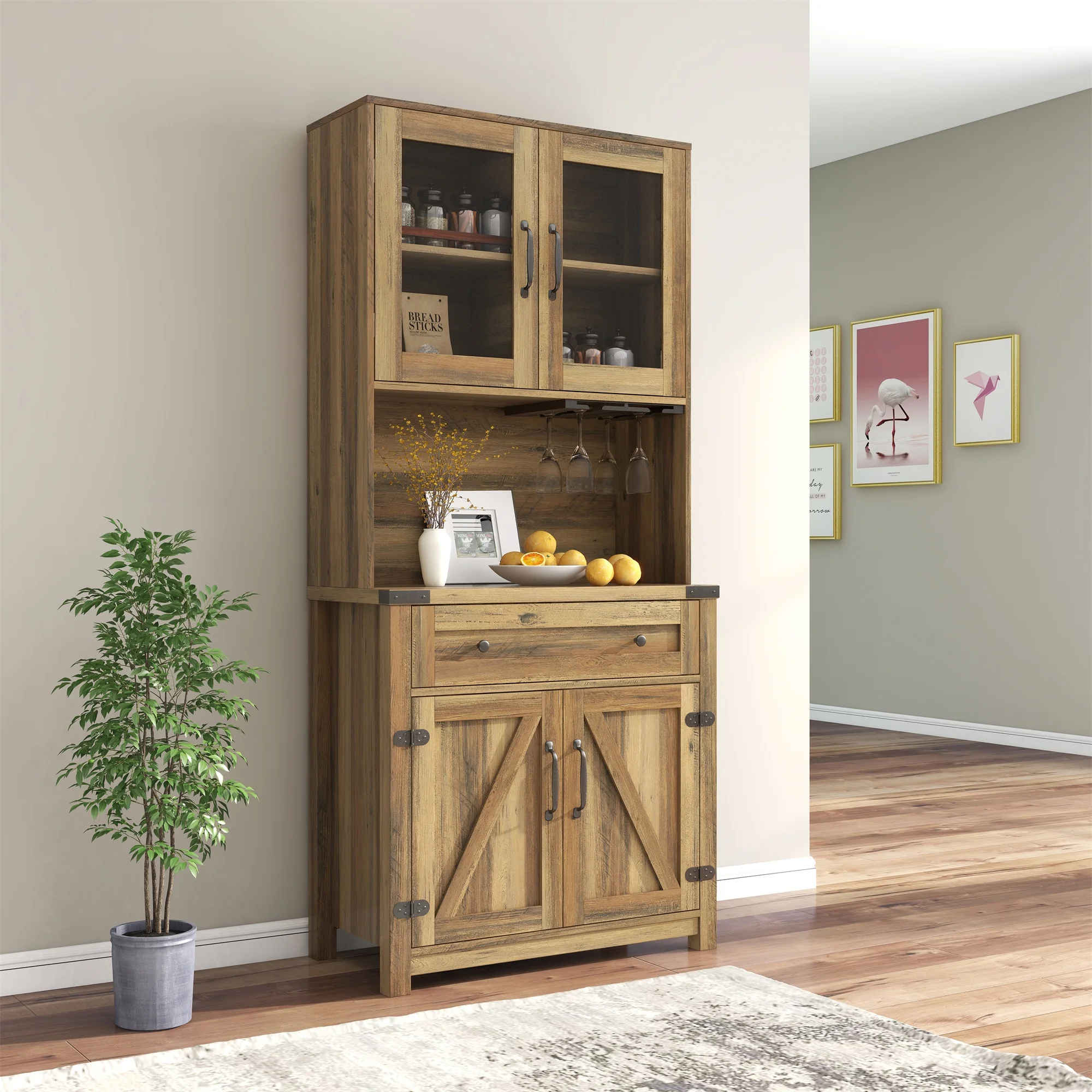 Pouseayar Farmhouse Kitchen Hutch Storage Cabinet, Kitchen Hutch with Glass Rack, Drawers, Adjustable Shelves for Dining Room, Kitchen, Brown