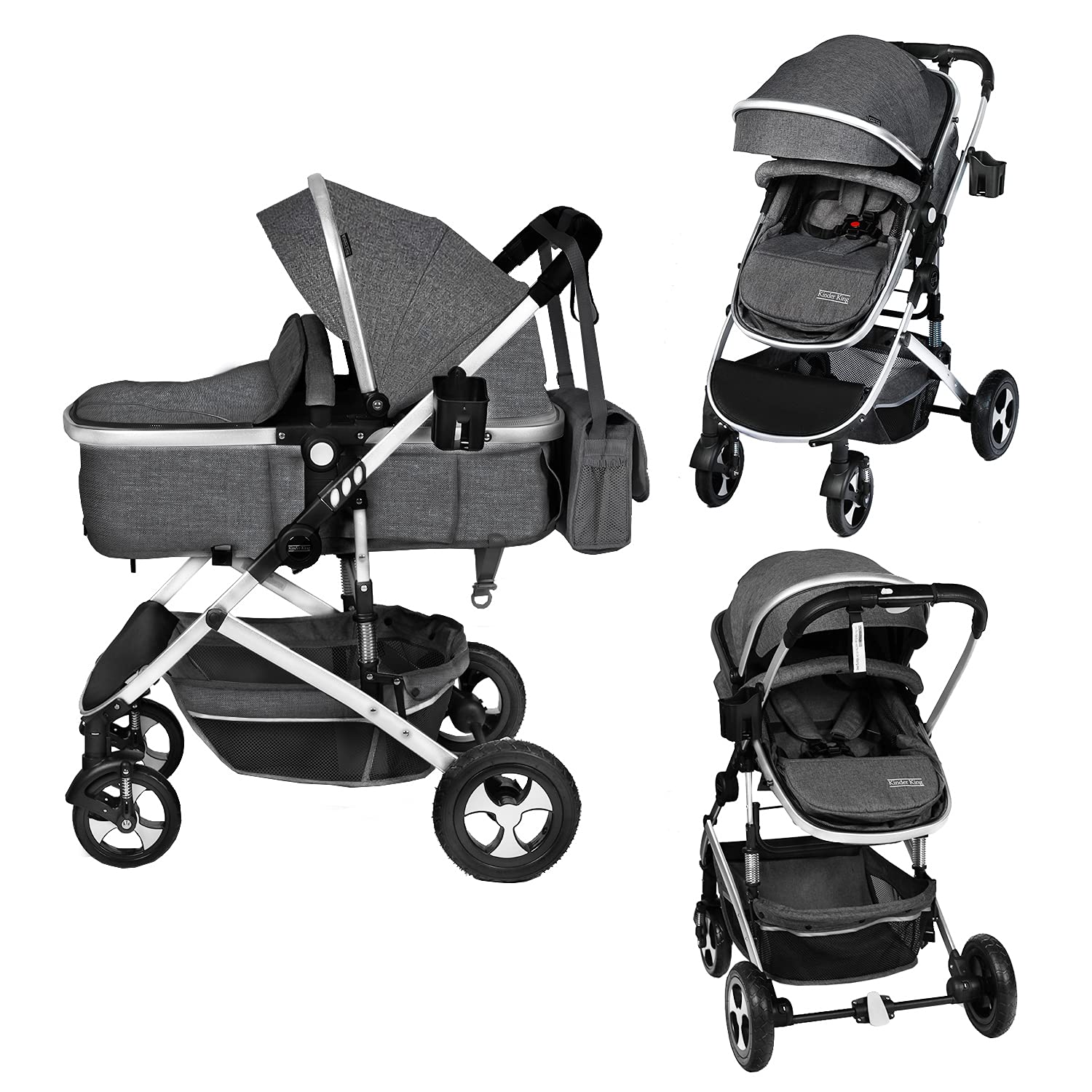 Kinder King 2 in 1 Convertible Baby Stroller, Folding High Landscape Infant Carriage, Newborn Reversible Bassinet Pram, Adjustable Canopy, Diaper Bag