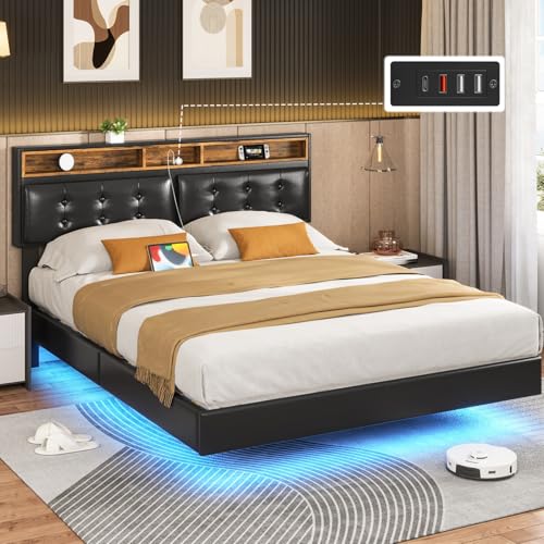 Hasuit California King Floating Bed Frame with LED Lights, California King Bed Frame with Headboard and Charging Station
