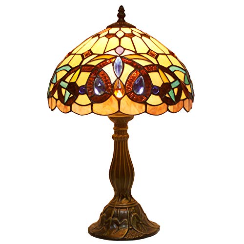 WERFACTORY Tiffany Style Table Lamp Stained Glass Serenity Victorian Bedside Lamp Desk Reading Light 12X12X18 Inches Decor Bedroom Living Room Home