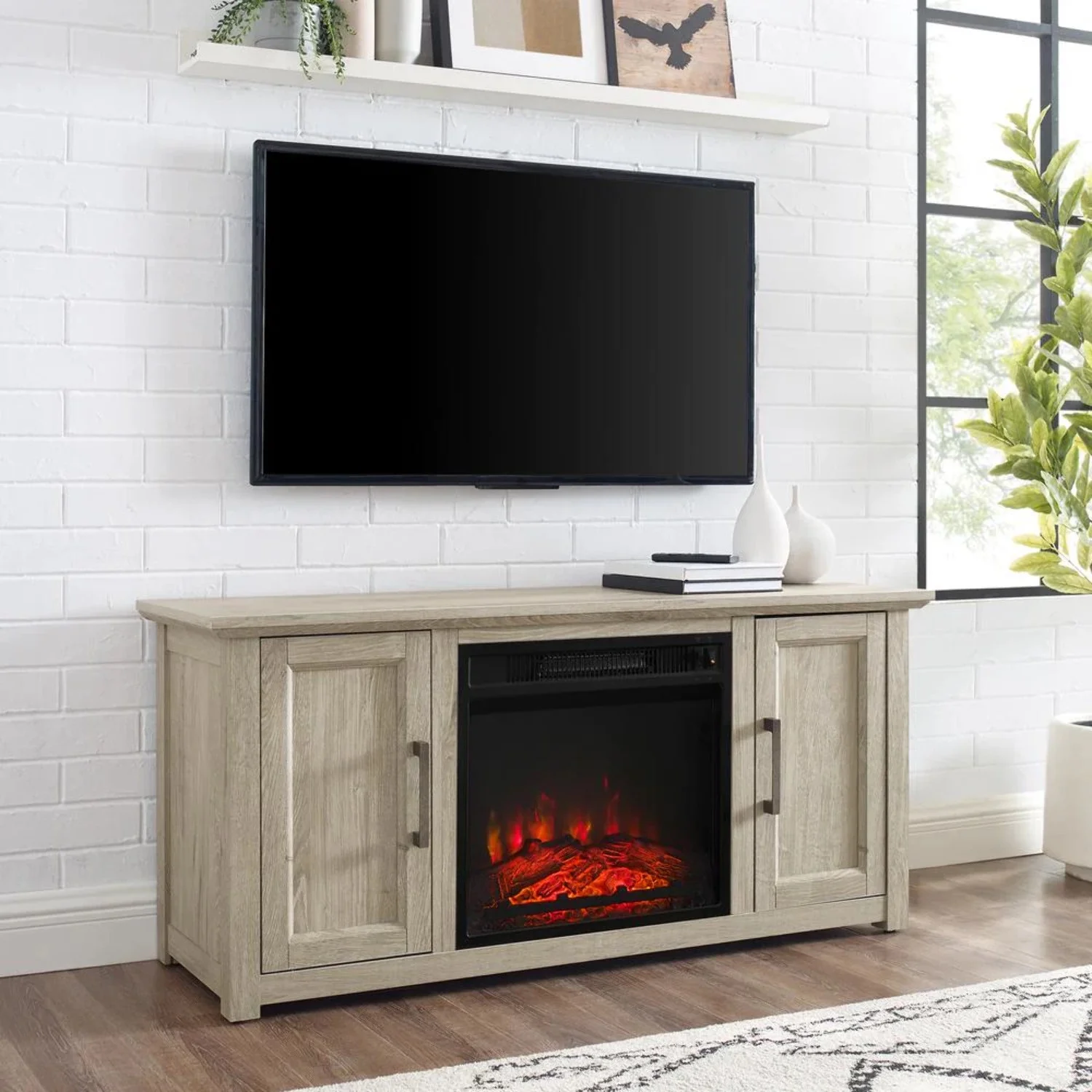 Crosley Camden 48" Rustic Low Profile TV Stand with Fireplace in Frosted Oak - Curated Treasures Market
