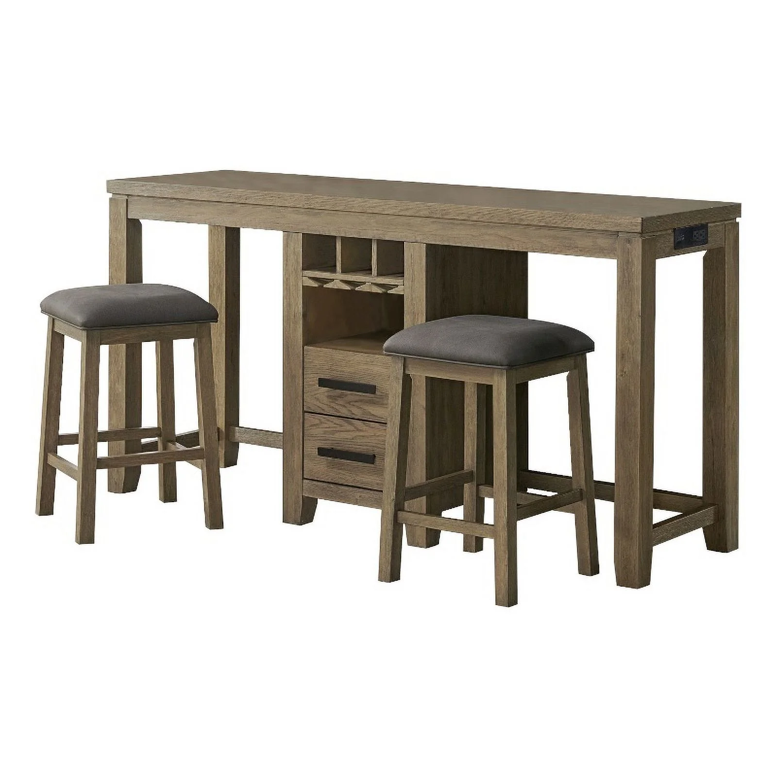 Bowery Hill 3PC Wood Sofa Console Bar Table Set USB/Wine Rack 2 Stools in Brown