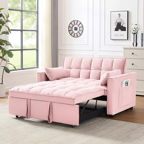 3 in 1 Convertible Sleeper Sofa Bed, Modern Velvet Loveseat Futon Couch w/Pullout Bed, Small Love Seat Lounge Sofa w/Reclining Backrest, Toss Pillows