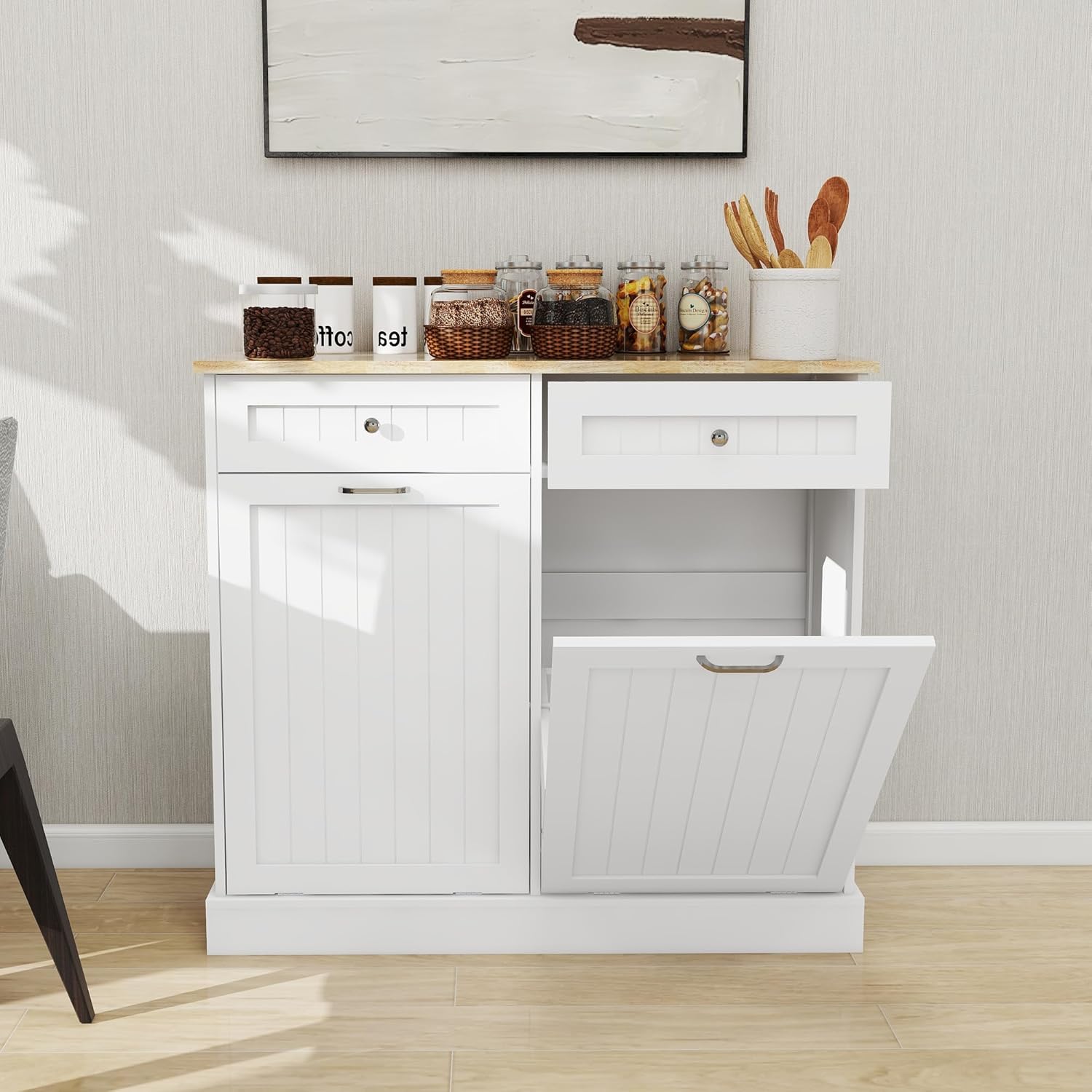 Ucloveria Double Tilt Out Trash Cabinet, Free Standing Garbage Can Cabinet 2 Drawer Tilt-Out Laundry Sorter Cabinet