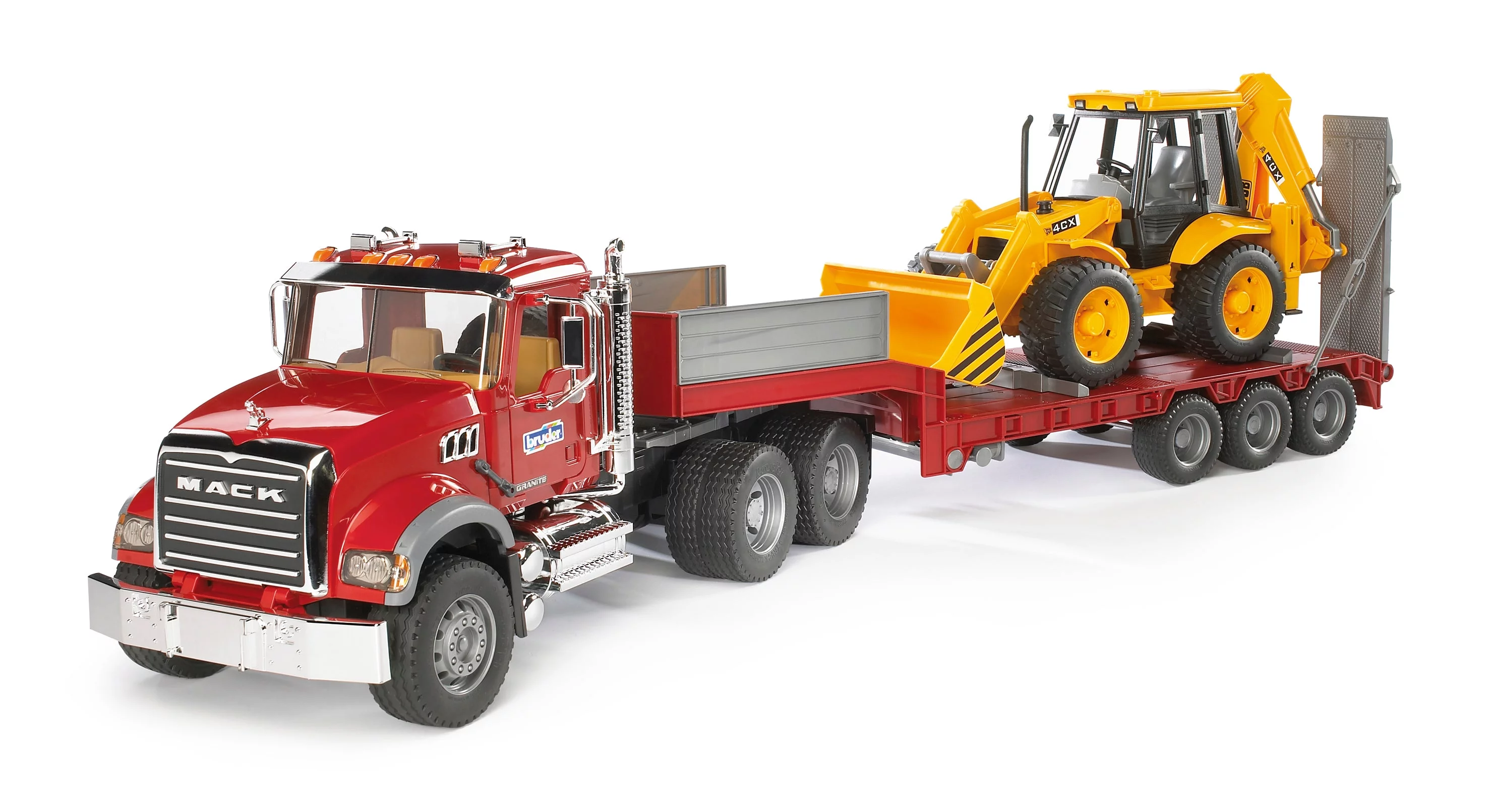 Bruder 02813 MACK Granite Flatbed Truck w/ JCB Loader Backhoe