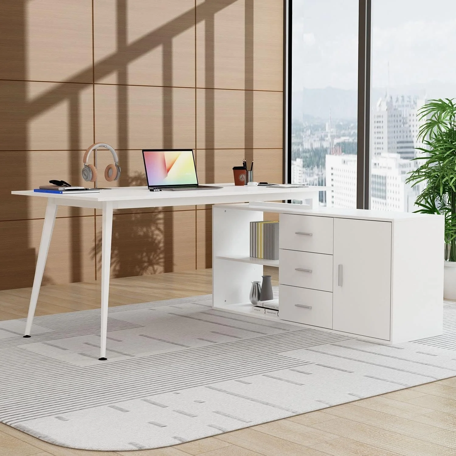 67.9” L-Shaped Desk Office Desk with Storage, Desk with 3 Drawers and Shelves, Corner Desk with Metal Legs