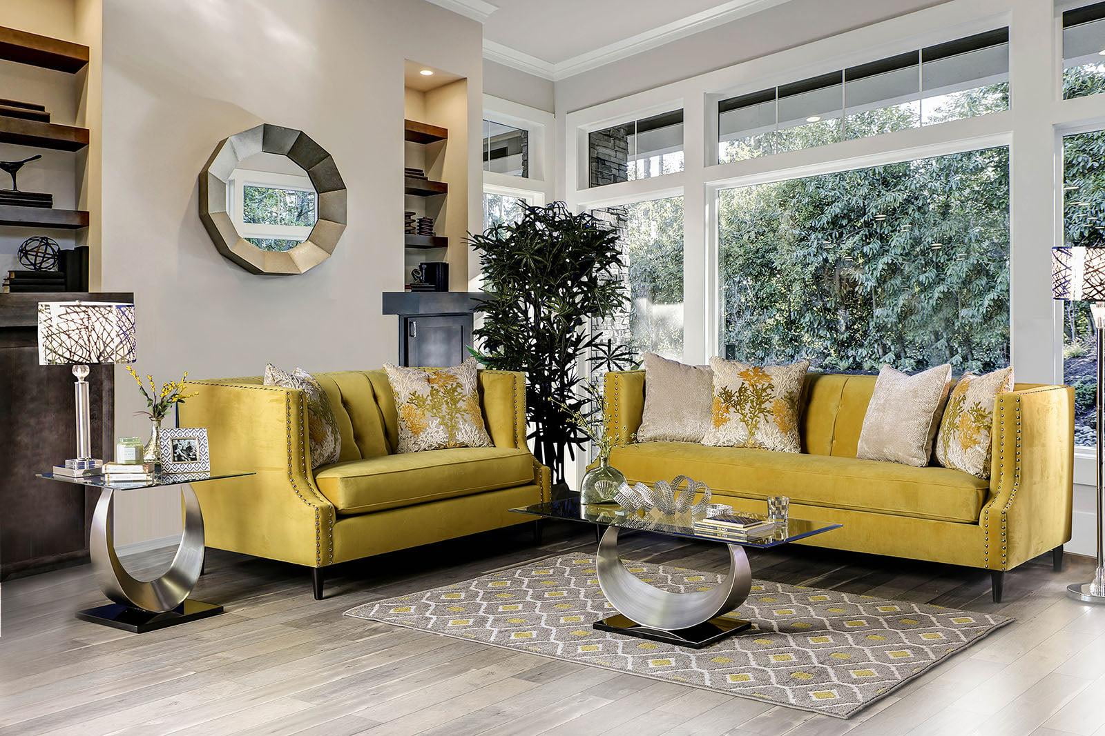 Transitional Royal Yellow Microfiber Sofa and Loveseat FOA SM2216-2PC Tegan