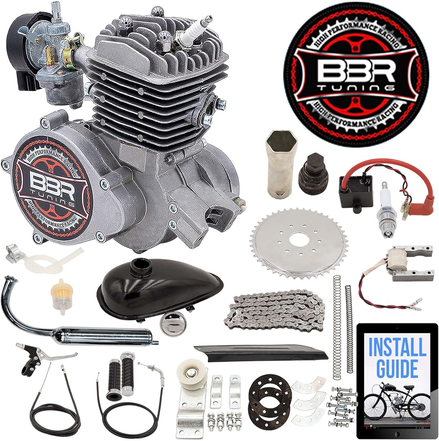 BBR Tuning 66/80cc Black Motorized Bicycle Kit – 2 Stroke Gas Powered Bike Motor Engine