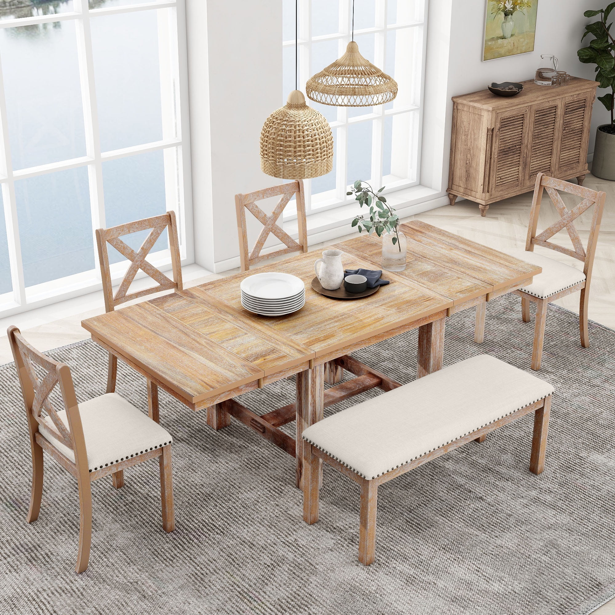 Churanty Farmhouse Extendable Dining Table Set for 6, Solid Wood Rectangular Kitchen Table Set with Removable Leaf,4 Upholstered Chairs and Bench