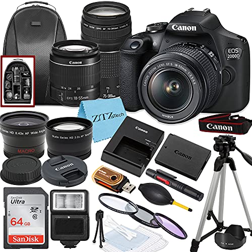 Canon EOS 2000D / Rebel T7 DSLR Camera with EF-S 18-55mm + EF 75-300mm Daul Lens + SanDisk 64GB Memory Card + Tripod + Case + Wideangle Lenses +