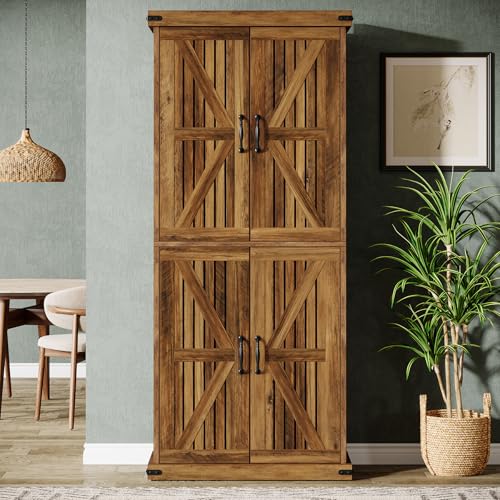 Tribesigns 71" Tall Kitchen Pantry, Farmhouse Storage Cabinet with Barn Doors and Adjustable Shelves, Rustic Wooden Cupboard for Kitchen, Dining Room