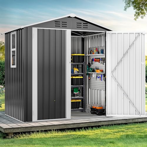DWVO 6x4ft Metal Outdoor Storage Shed with Window, Lockable Tool Storage Sheds, Steel Garden Sheds with Sloped Roof for Backyard, Patio, Garage, Lawn