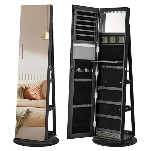 SONGMICS 6 LEDs Lockable Mirror Jewelry Cabinet, 360° Swivel Jewelry Organizer, Standing Jewelry Armoire, Frameless Full-Length Mirror