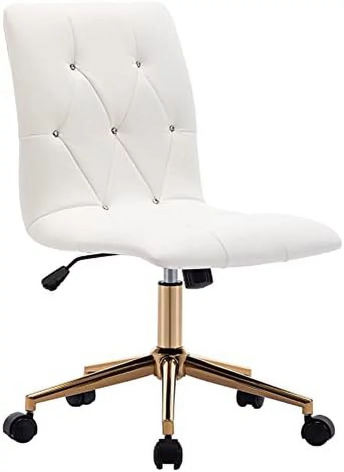 CCBIUOMBO Duhome  Office Chair，Cute White Desk Chair with Gold Base  PU Leather Task Chair Computer Chair Rolling Chair with Wheels  Armless Vanity