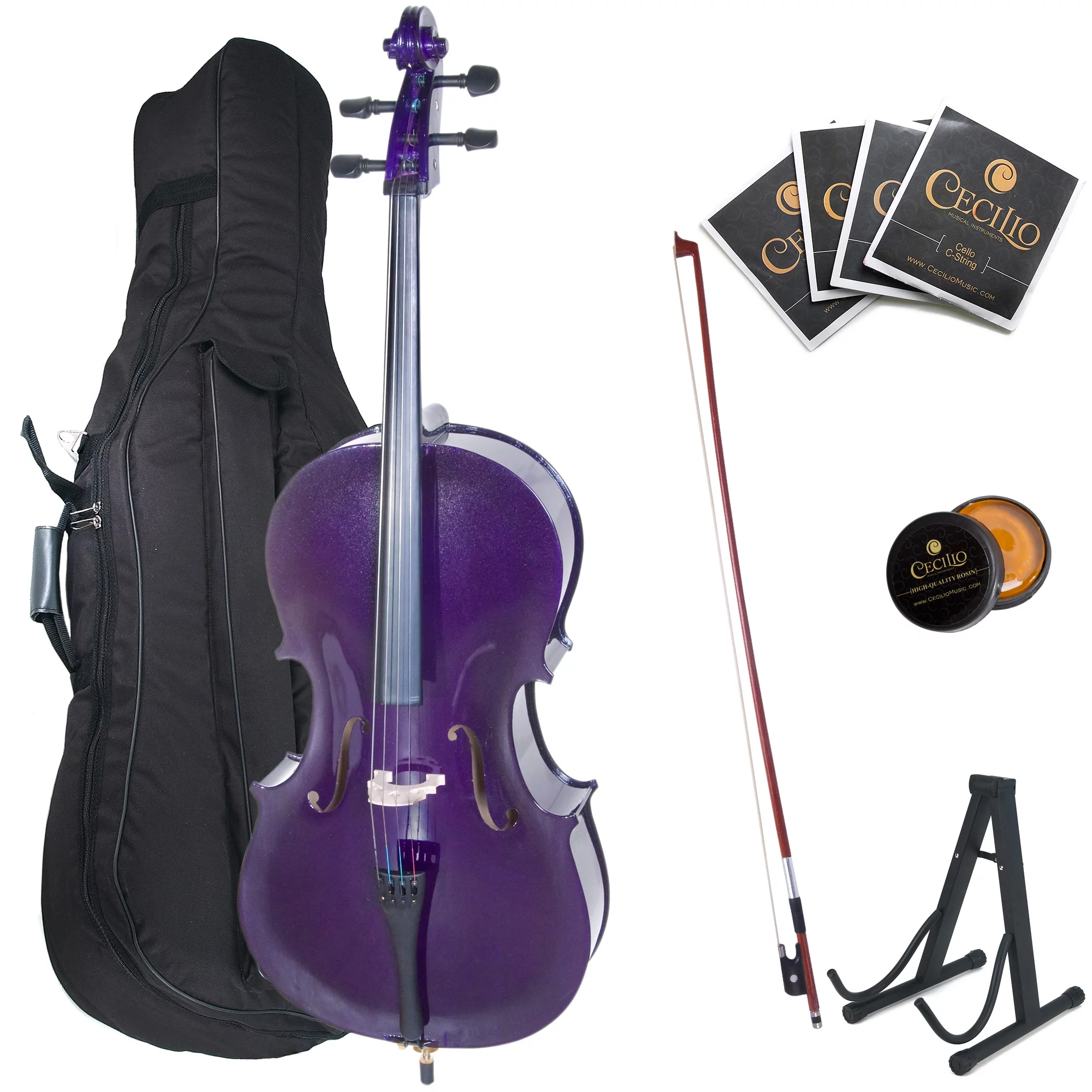 Cecilio Full Size 4/4 CCO-Purple Student Cello, Stand, Extra Set Strings, Bow, Rosin, Bridge & Soft Case - Curated Treasures Market