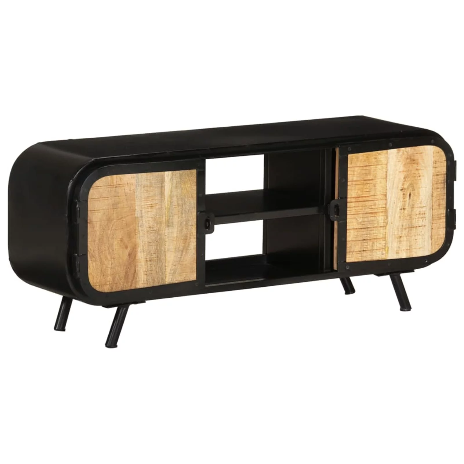 Anself TV Stand with 2 Compartments and 2 Storage Shelves Rough Mango Wood Television Cabinet Sofa End Side Table Iron Legs for Living Room Home