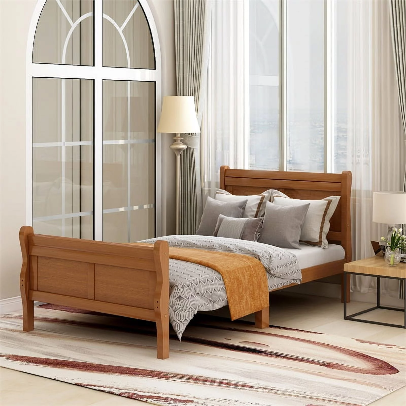 CRO Decor Wood Platform Bed Twin Bed Frame Mattress Foundation Sleigh Bed-Oak