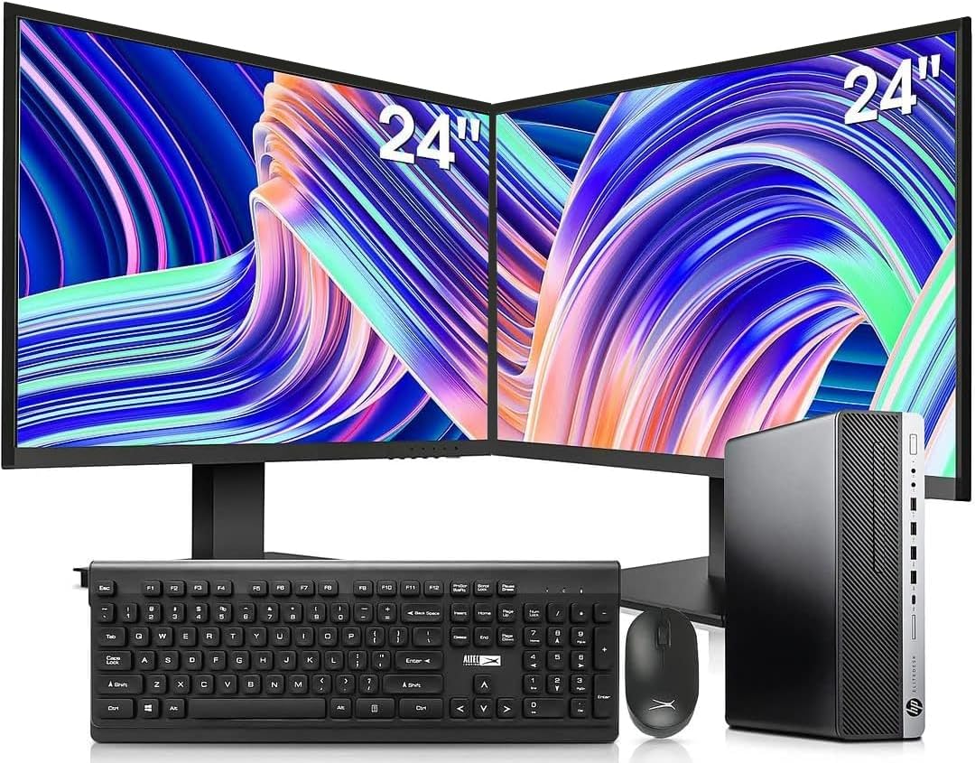 HP Elitedesk 800 G3 SFF Desktop PC - Intel i7-6700,32GB DDR4,1TB NVMe SSD + 2TB HDD, AX200 Wi-Fi 6,Dual 24-Inch Monitors, Wireless Keyboard and Mouse