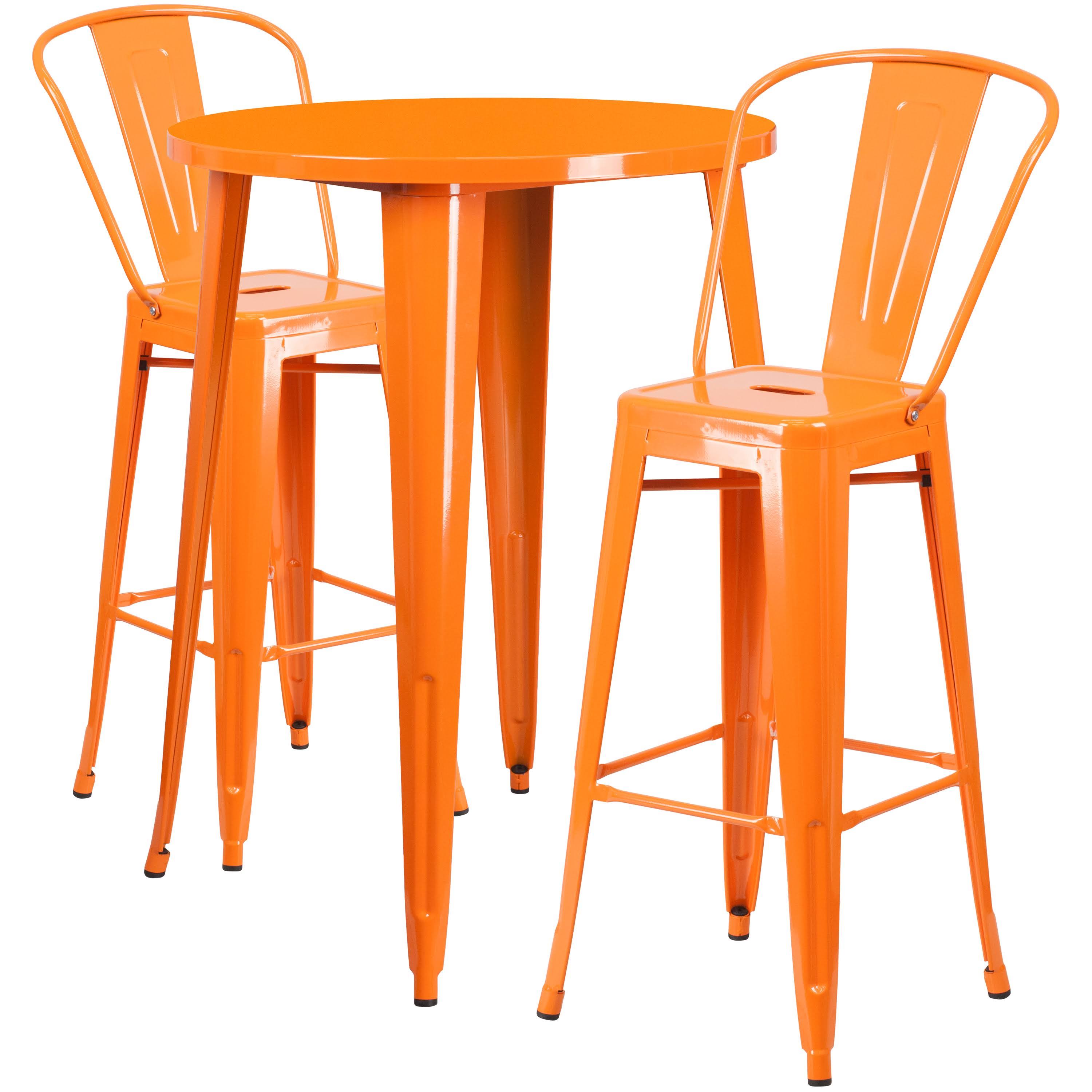Round Orange Metal Indoor-Outdoor Bar Table Set with 2 Cafe Stools