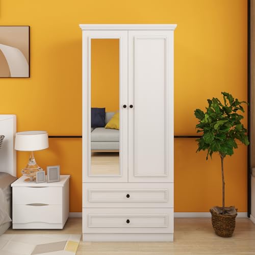 Armoire Wardrobe Closet Wood with 4 Doors 2 Hanging Rods 4 Drawers Mirror Shelving for Spacious Bedroom Armoire Storage Cabinet Large Capacity 61.42"