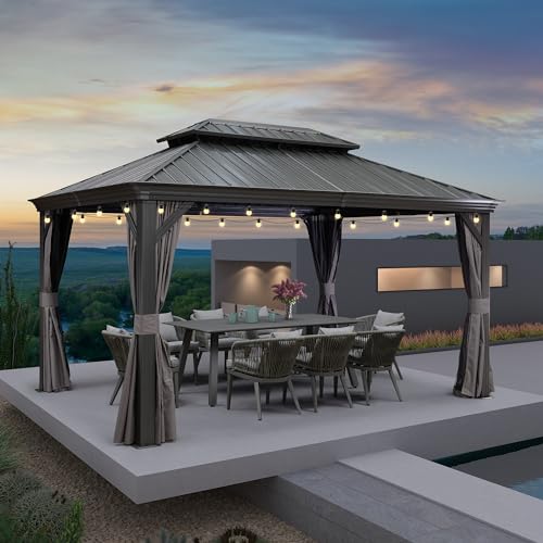 PURPLE LEAF 10' X 14' Permanent Hardtop Gazebo Aluminum Gazebo with Galvanized Steel Double Roof for Patio Lawn and Garden