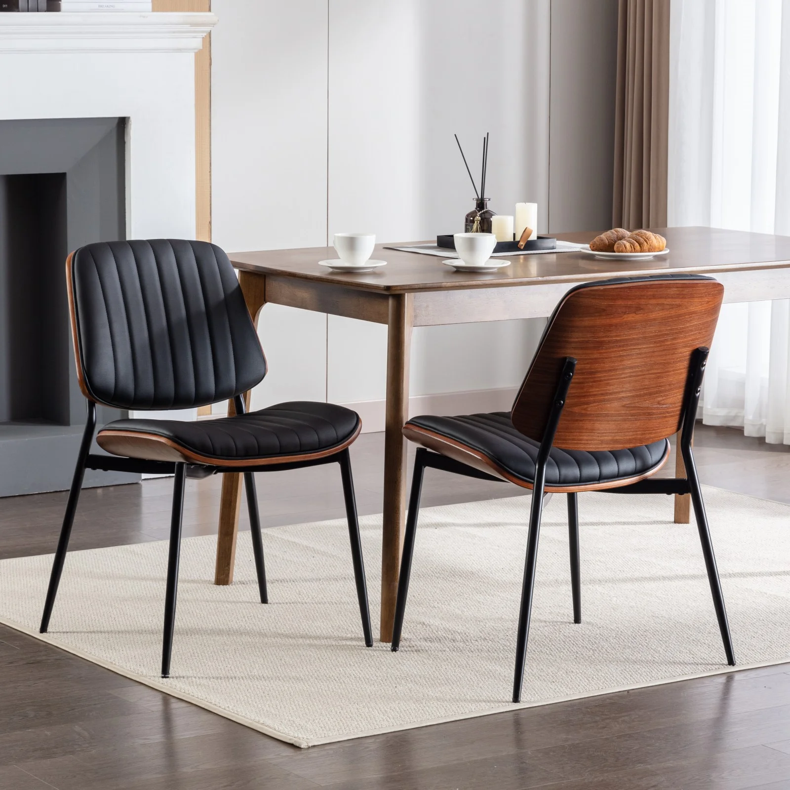 Bedluxury Dining Chairs Set of 2,Mid Century Modern Faux Leather Chair with Walnut Bentwood Back,Upholstered Seat Metal Legs for Kitchen,Living Room