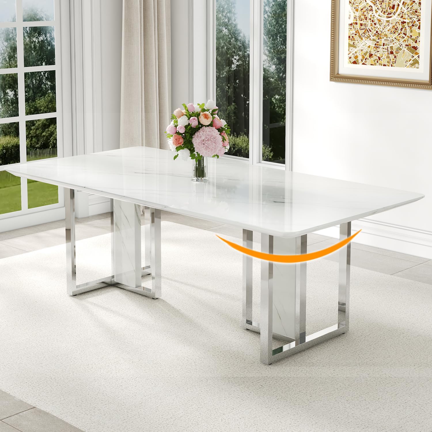 79 Inch Faux Marble Dining Table, White Rectangular Kitchen Dining Table, 1.8 Inch Thick Mid Century Modern Dining Table