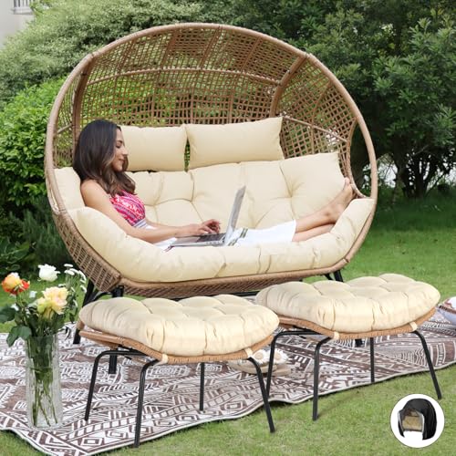 NICESOUL® Double Egg Chair Indoor Outdoor Stationary Oversized Thicken Padded Cushions, 2 Person Egg Loveseat Chair