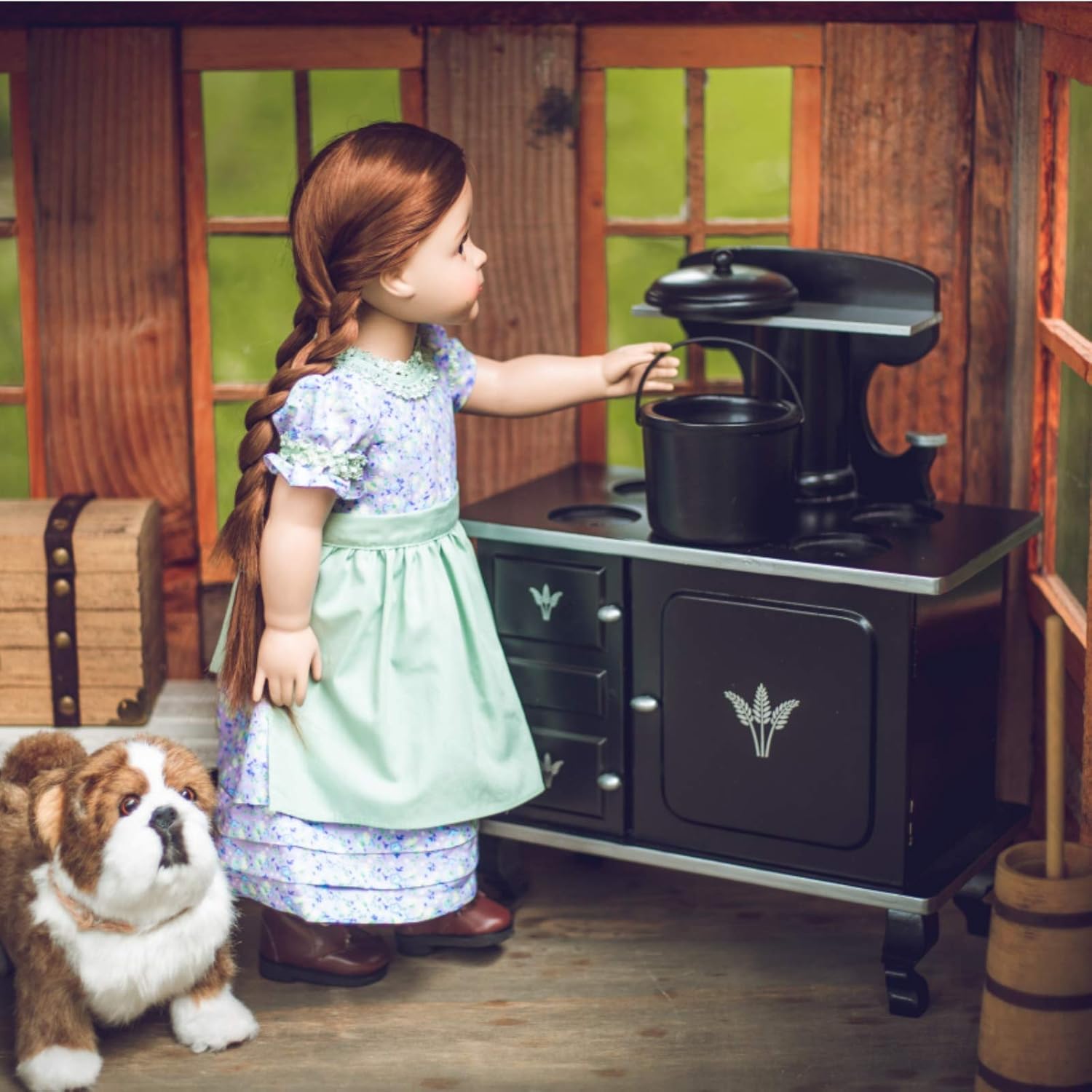 THE QUEEN'S TREASURES 18 Inch Doll Kitchen Furniture, Little House on The Prairie Fully Assembled Old Fashioned Wood Cook Stove, Oven, and Log Set