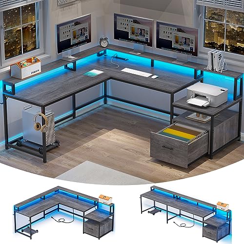 SEDETA L Shaped Gaming Desk, 66" Home Office Desk with File Drawer & Power Outlet, Corner Gaming Computer Desk with Led Lights