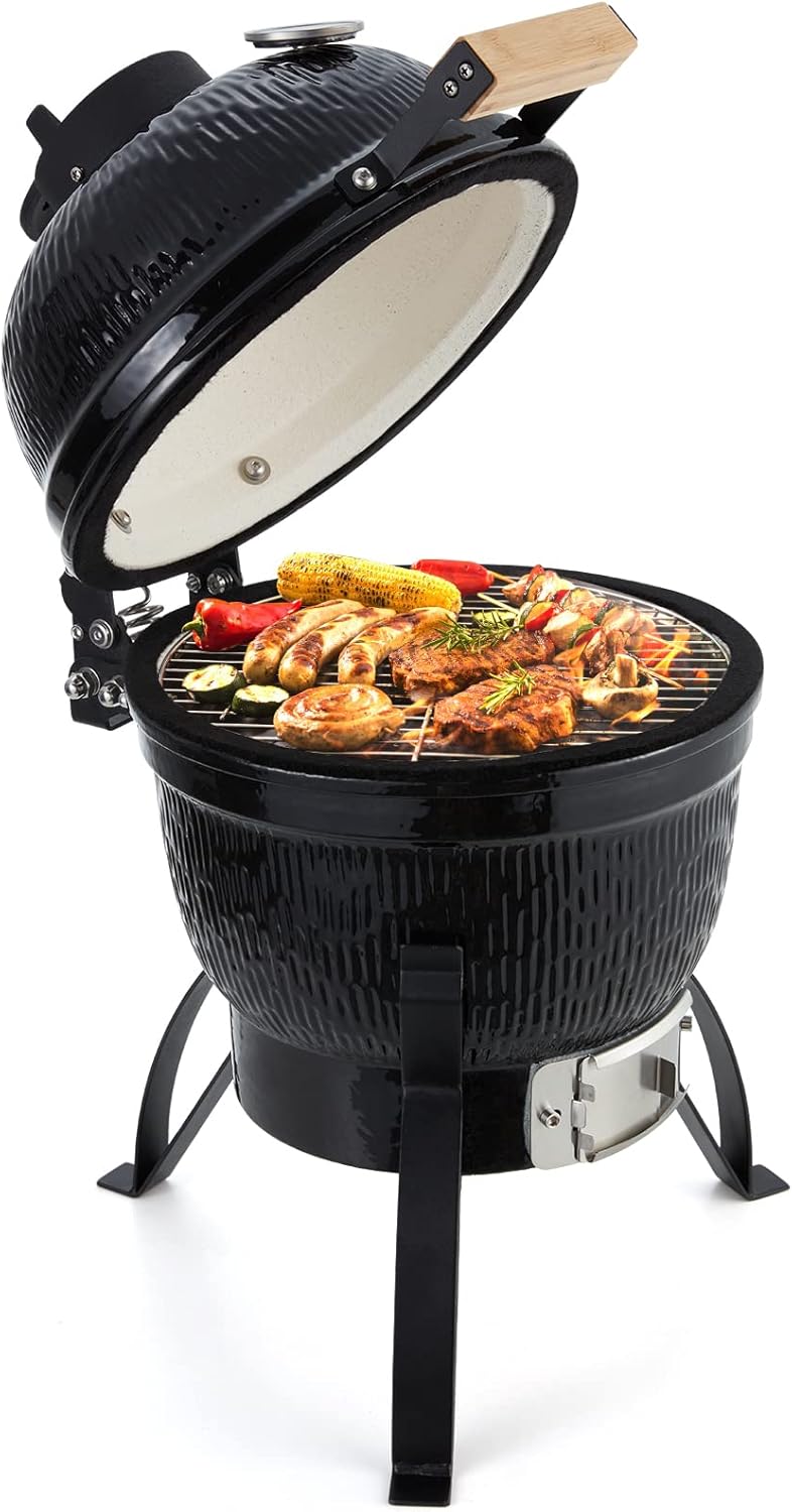 AVAWING 13 Inch Kamado Charcoal Grills, Ceramic BBQ Grills with Portable Bamboo Handle for Variations on Outdoor Cooking for Patio Backyard Camping