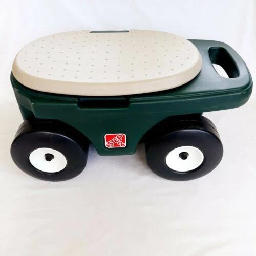 Step 2 Garden Hopper Cart Rolling Yard Seat Tool Storage Green Tan 5705 USA Made