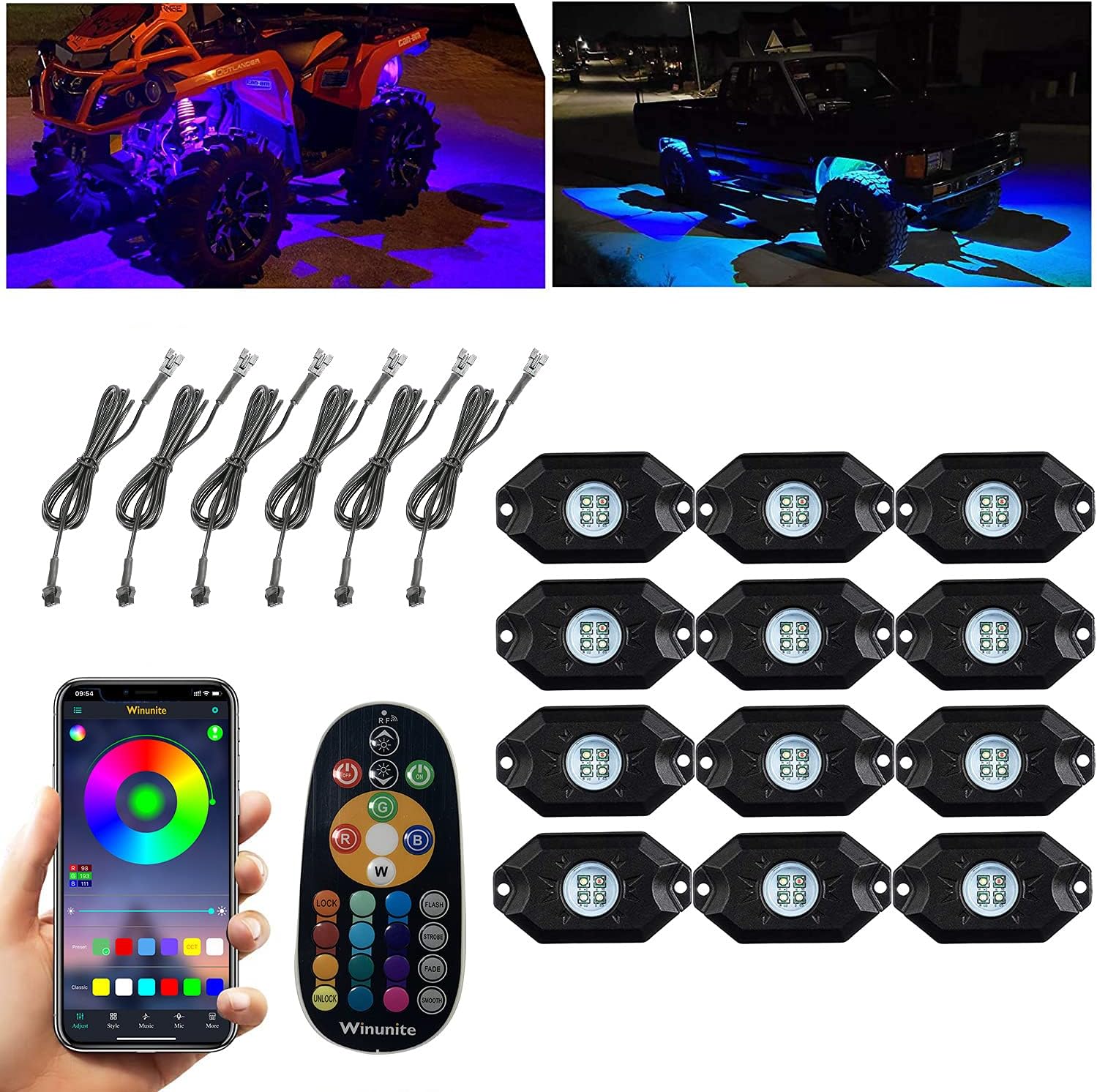 Winunite 12 Pods RGBW LED Rock Lights with 6Pcs Wires