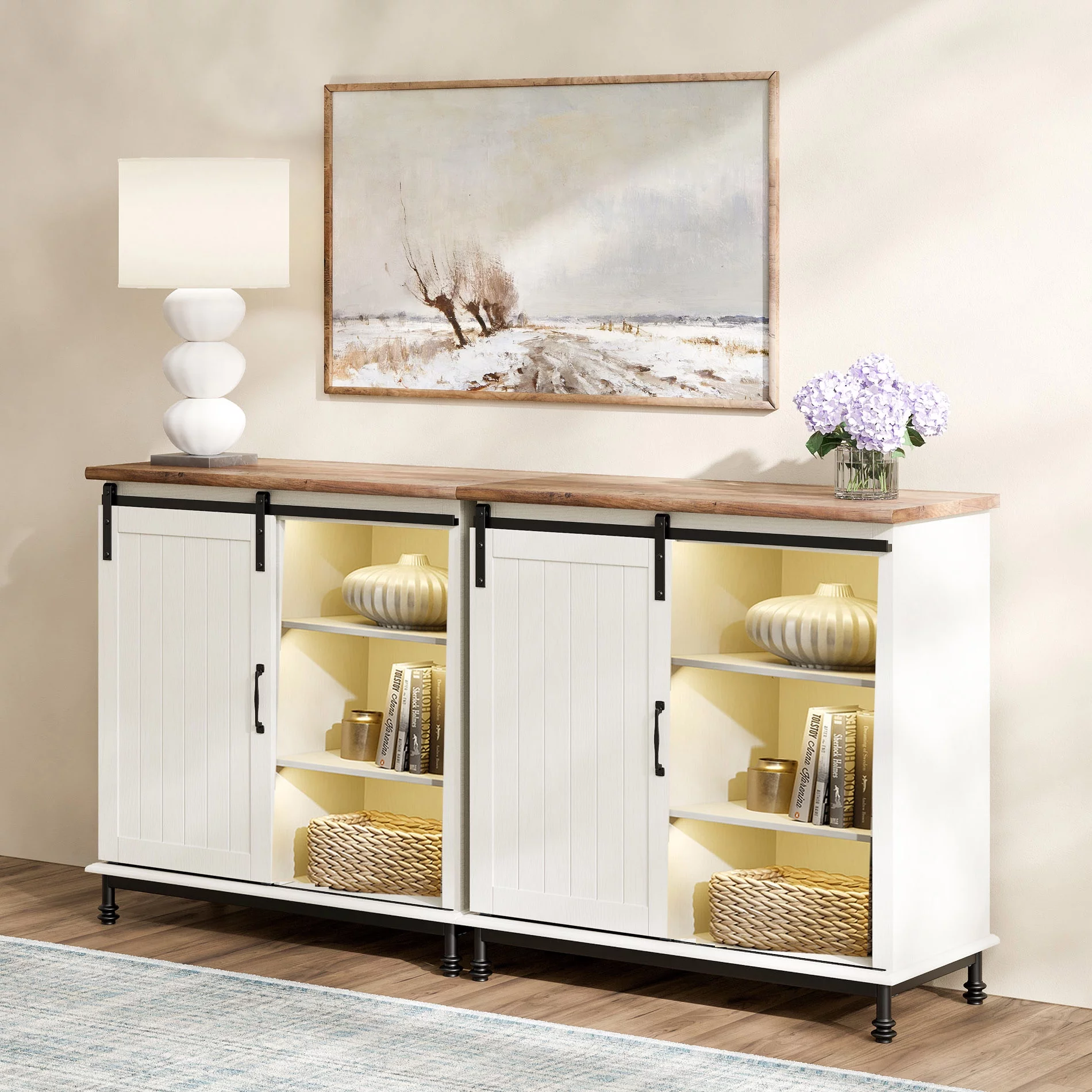 WAMPAT 70" Farmhouse TV Stand with Sliding Barn Door,LED Entertainment Center for Living Room, Storage Buffet Cabinet
