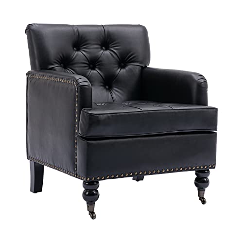Nrizc Black Leather Club Chair, Mid Century Modern Accent Arm Chairs with Studded, Living Room Chairs with Solid Wood Frame, for Living Room, Bedroom