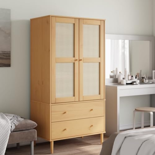 Wardrobe Rattan Look Brown 35.4"x21.7"x68.9" Solid Wood Pine