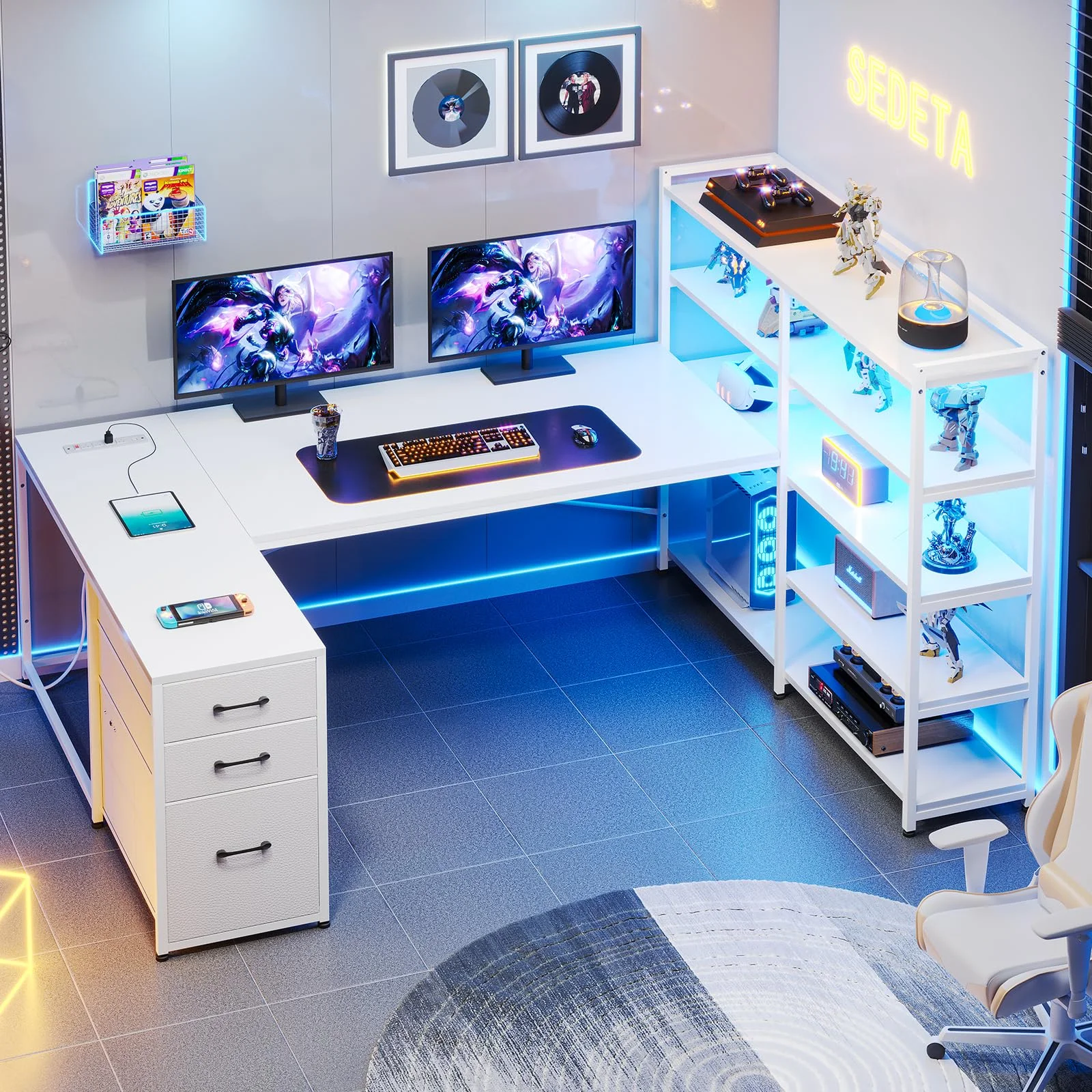 Afuhokles L Shaped Computer Desk, U Shaped Reversible Corner Desk with Power Outlet and Storage Shelves, Gaming Desk with LED Lights