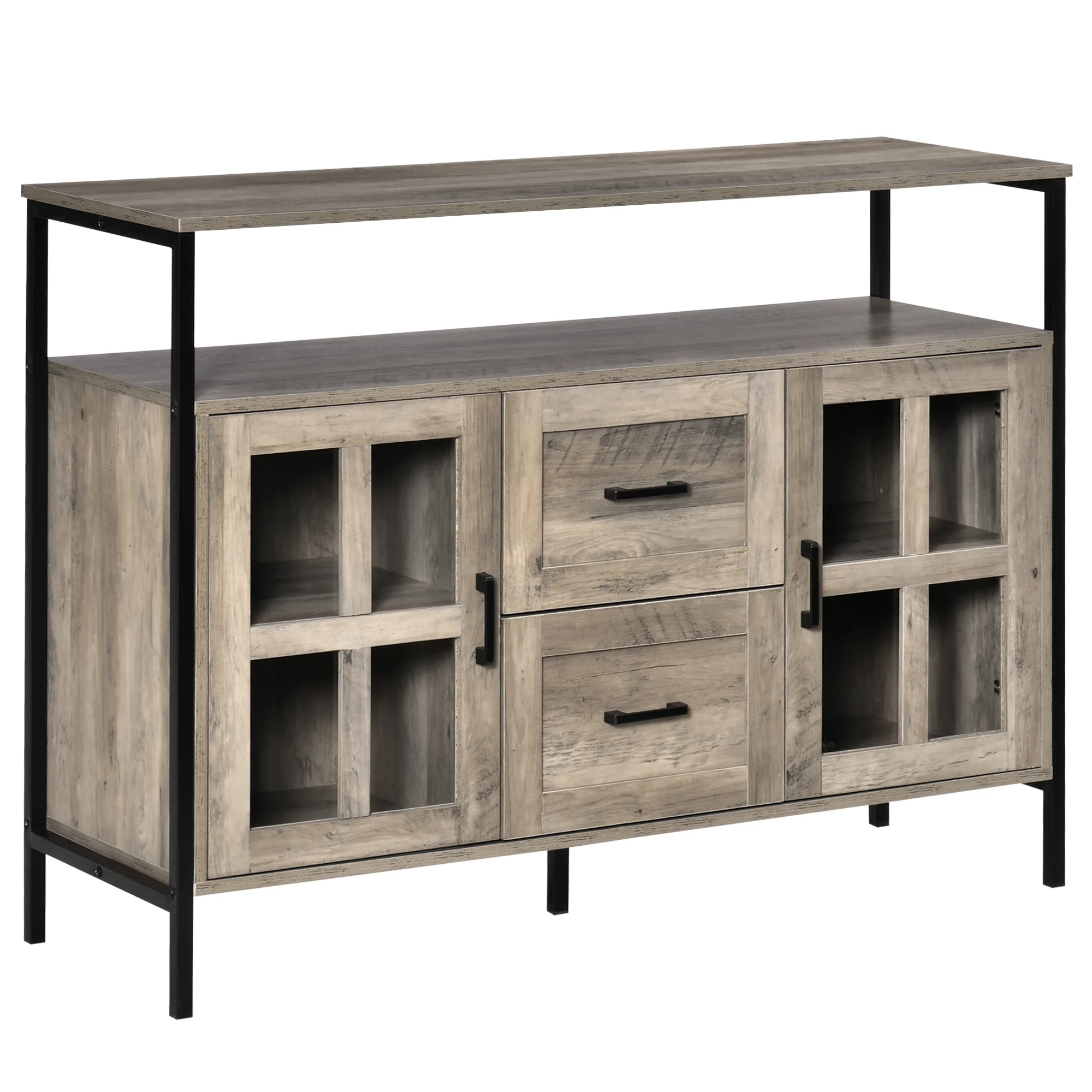 HOMCOM Industrial Sideboard Buffet Cabinet, Kitchen Cabinet, Coffee Bar Cabinet with Adjustable Shelves, Glass Doors, and 2 Drawers for Living Room