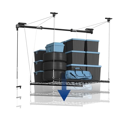 FLEXIMOUNTS Garage Lifting Metal Rack, 4x4 Ft Overhead Garage Storage Racks, Adjustable Heavy-Duty Ceiling Organization System, 300lbs Weight