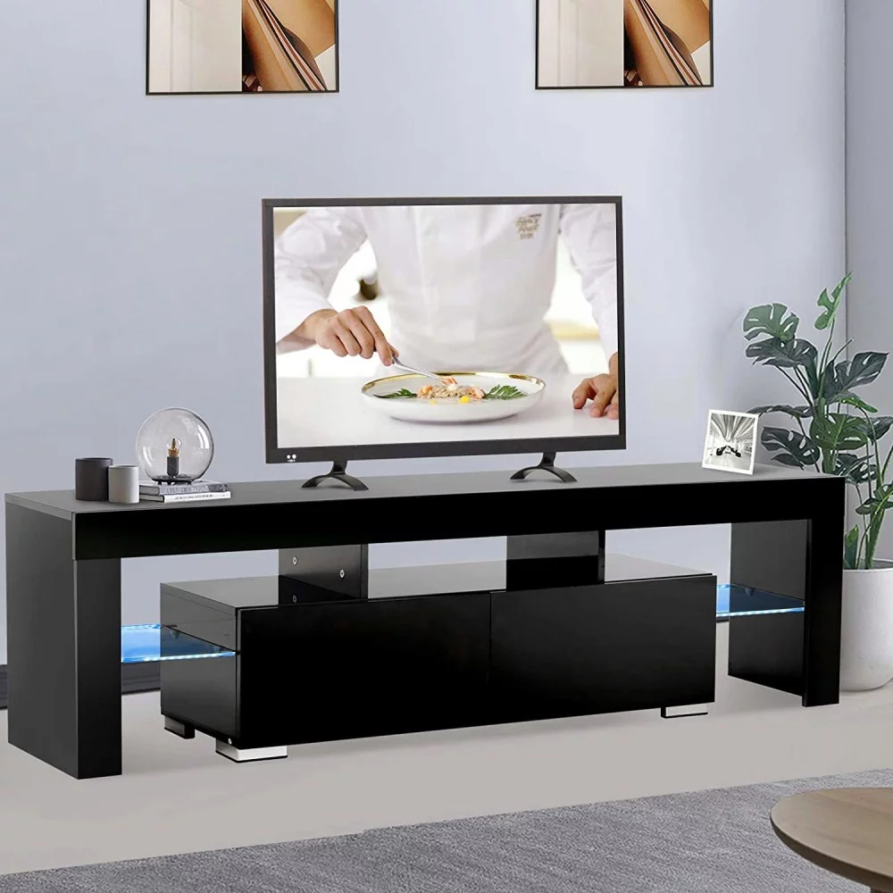 Ktaxon Modern TV Stand Media Console Cabinet LED Shelves with 1 Drawers for Living Room Storage up to 52" Television Stand,Particle Board,Black