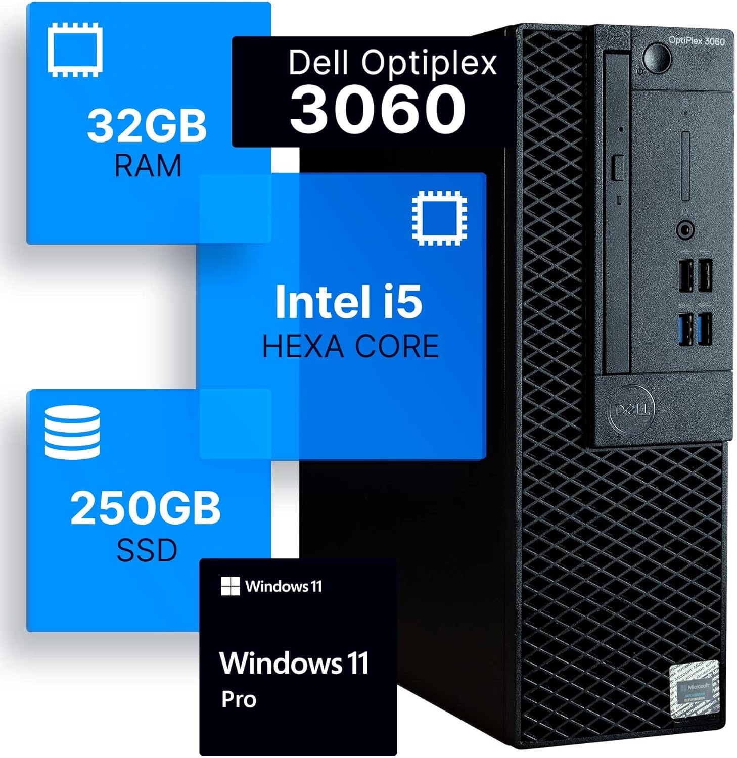 Dell Optiplex 3060 Desktop Computer | Intel i5-8500 (3.2) | 32GB DDR4 RAM | 250GB SSD Solid State | Windows 11 Professional | Home or Office PC