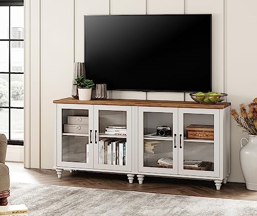 WAMPAT TV Stand for 43 Inch TV with Yellow LED Light, Wood TV Console Table Entertainment Center for Living Room